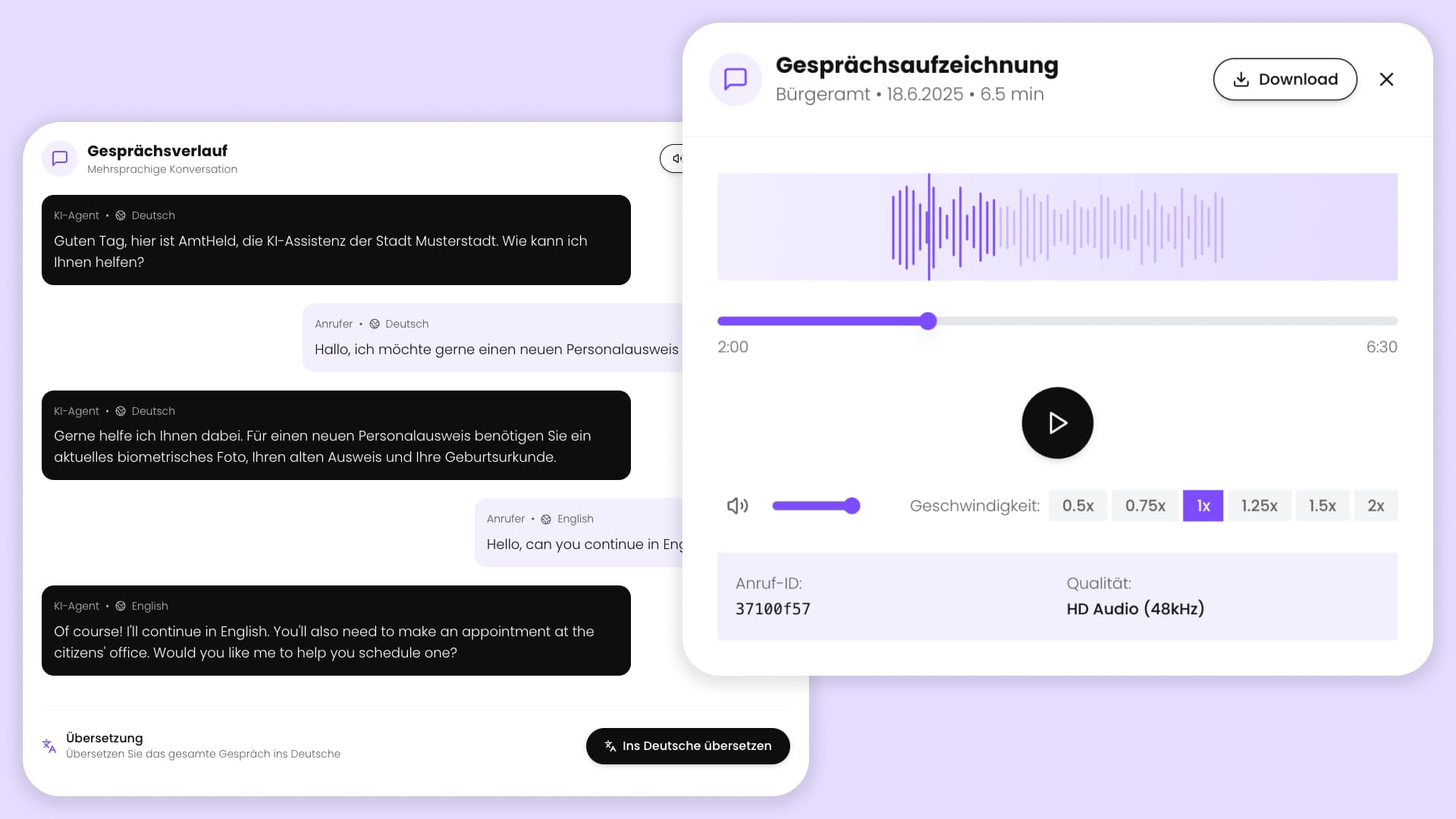 Gesprächsverlauf als Text und Audio verfügbar